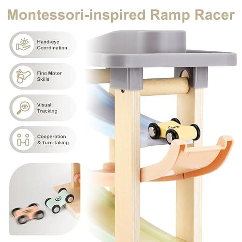 Joyreal Montessori Toddler Toys for 1 2 3 Year Old Wooden Car Ramp Toys | 7 Level Ramp Racer, 8 Mini Cars & 2 Garages, Toy Vehicle Set for Boys and Girls, Christmas Birthday Gifts for 1-2 Year Old thumbnail 4