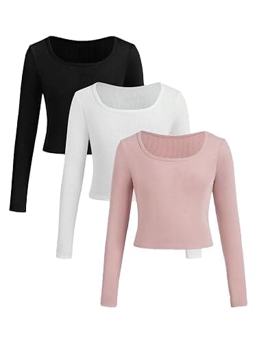 Floerns Girls 3 Piece Solid Ribbed Knit Square Neck Long Sleeve Tee Shirts Crop Tops - Image 1