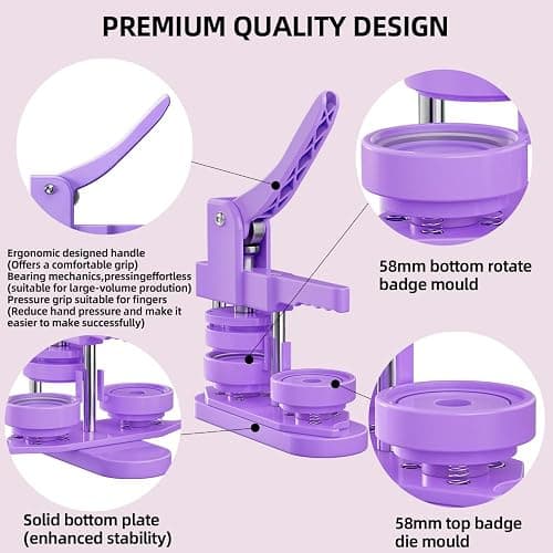 Freeingbag 58mm (2.25 in) Installation-Free DIY Button Maker Machine, Button Badge Press with 100pcs Supplies + Circle Cutter + Protection Set & Button Maker Color Film (Purple, 2.25 inch / 58mm) thumbnail 4