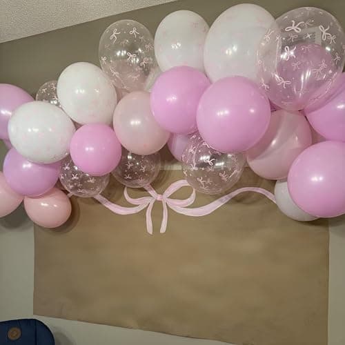 Pink Bow Balloons Light Pink and White Balloon 12inch Clear Bow Balloons Coquette Birthday Party Decorations Helium Latex Balloon for Arch Bridal Shower Bachelorette Weddiing Decor thumbnail 3