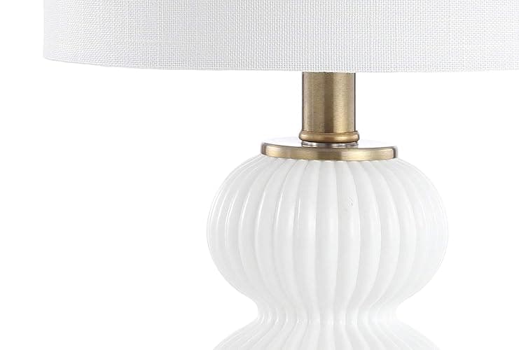JONATHAN Y 20" White/Brass Gold Ribbed Gourd Glass Table Lamp, Modern Bedside Lamp for Bedroom Living Room, White Linen Drum Shade, LED Bulb Included JYL1099A thumbnail 6