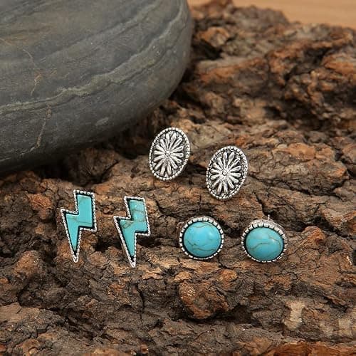 Western Earrings for Women Natural Turquoise Earrings Western Jewelry Lightning Bolt Stud Earrings Set 80s 90s Accessories - Turquoise set thumbnail 4
