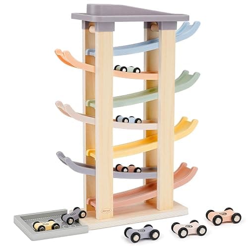 Joyreal Jouet Bebe 1 2 an - Rampe Voiture en Bois, Jeux Montessori avec 8 Mini Voiture Enfant et Un Garage Bois Jouet Cadeau Garcon Fille Enfant - Image 1