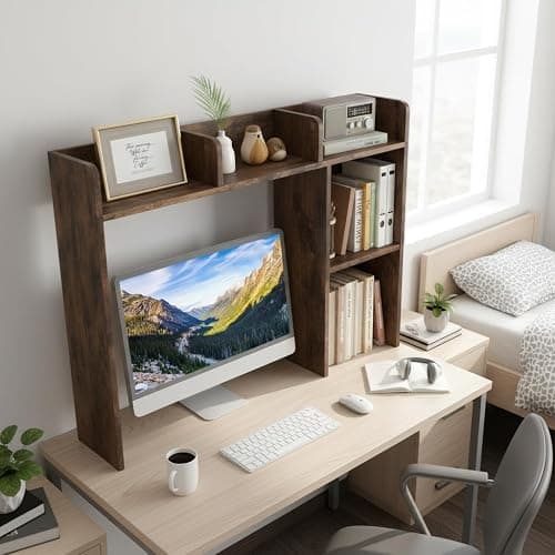 Tangkula Desktop Bookshelf, Countertop Storage Hutch with 5 Shelves for Computer Desk, 3-Tier Display Rack, Multipurpose Wood Desktop Hutch Storage Organizer for Dorm Office, Brown thumbnail 4