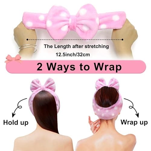 Shintop Women Fashion Lovely Soft Carol Fleece Bowknot Bow Makeup Cosmetic Shower Elastic Hair Band Hairlace Headband (Pink Polka dots) thumbnail 2