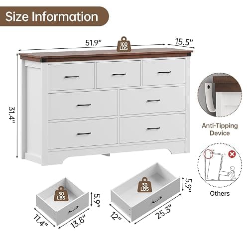Airynee Farmhouse 7 Drawer Dresser for Bedroom, 51" Wide Chest of Drawers, Wooden Dresser TV Stand, Storage Dressers Organizer for Bedroom, Living Room, Hallway thumbnail 2