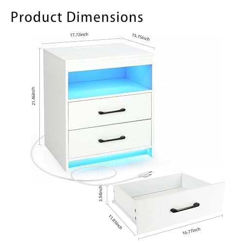 ansefe Night Stand with Charging Station and Ambient Light, LED Nightstand with USB-C Ports and Outlets, Morden Bedside Table with 2 Drawers and Open Compartment, End Table for Bedroom, White thumbnail 2