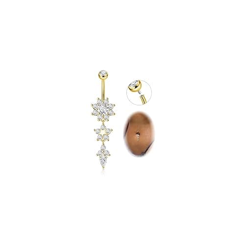 Masedy Pure Titanium Dangle Belly Button Rings for Women Internally Thread Curved Barbell Belly Rings Dangling Navel Rings CZ Flower Navel Piercing Jewelry 6-16mm - Image 1