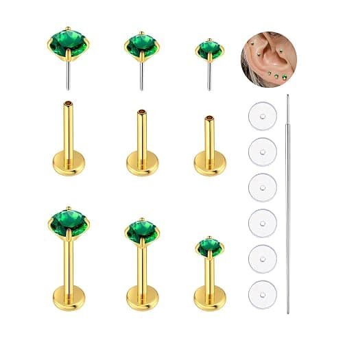 KaseStyle 20G Flat Back Earrings Studs 18G Nose Rings 24K Gold Plating 3 Pairs Titanium Threadless 16G Cartilage Earrings for Women Men Tragus Conch Helix Medusa Lip Piercing Jewelry - Image 1