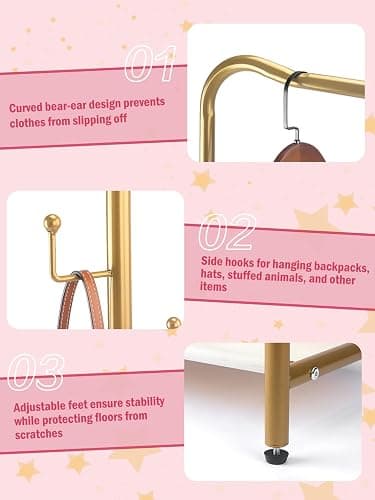 Atrastout Kids Clothing Rack-Portable Kids Clothing Rack with Storage Shelf - Toddler Garment Organizer for Baby Clothes, Dance Costumes, Girls Gift Ideas（Gold） thumbnail 8