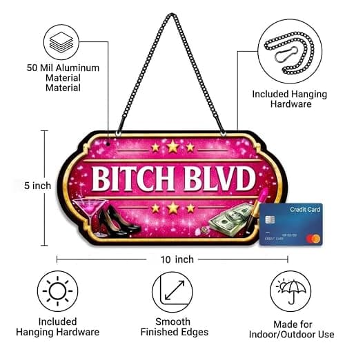Bitch Blvd Sign, Funny Pink Metal Wall Decor 10x5 Inch | Aluminum Hanging Sign with Chain, UV Printed Glam Wall Decor for Bedroom, Beauty Room, Bar Cart and Girls Night Space thumbnail 4