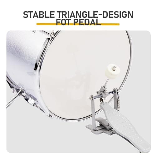 EPOFIT 14-Inch Kids Drum Set, 5-Piece Junior Beginner Drum Set for Kids with Cymbals, Adjustable Stool, Two Pairs of Drumsticks, Pedal & Screw Wrench – Silver thumbnail 4