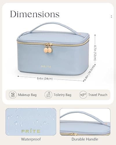 Prite Makeup Bag Portable Cosmetic Organizer with Brush Holder Waterproof Travel Toiletry Bag for Women with Handle and Divider (Blue) | Large Capacity, Portable, Travel, Waterproof, with Handle, with Divider, Blue thumbnail 6