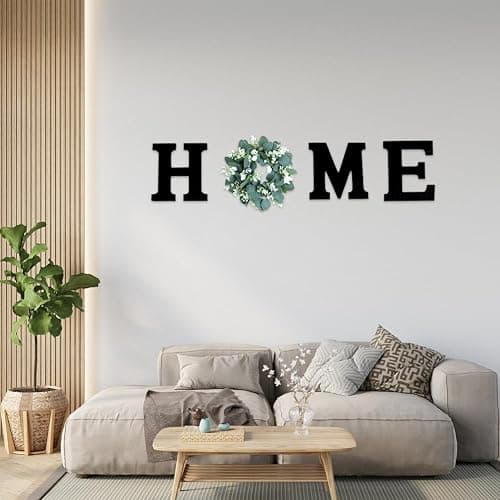 JOYWU Wood Home Sign for Wall Decor,Farmhouse Walls Home Sign with Artificial Eucalyptus Wreath,Wooden Hanging Letters Decorative Wall Art Decor for Entryway Living Room Kitchen Dining Room (green) thumbnail 5