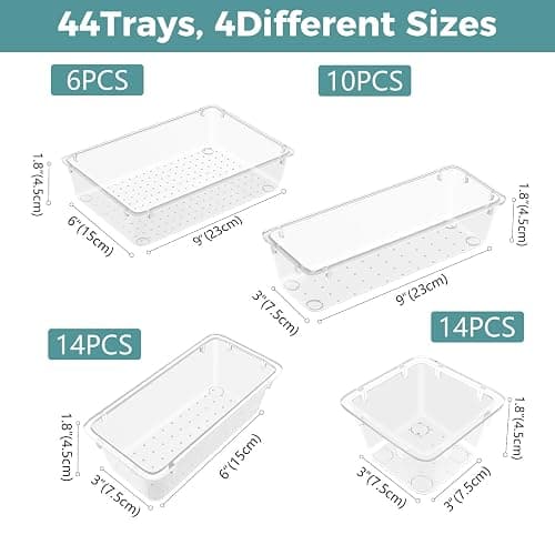 WOWBOX 44 PCS Clear Plastic Drawer Organizer Set, 5 Varied Size storage Bins and Desk Drawer Organizer Trays for Makeup, Gadgets, Jewelry and Utensils in Bathroom, Bedroom and Office, Clear thumbnail 3