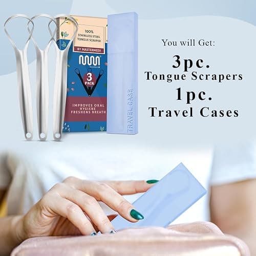 MasterMedi Tongue Scraper for Adults, 100% Stainless Steel for Bad Breath, Easy to Use, Tongue Cleaner for Oral Care (Pack of 3 with 1 Case) thumbnail 6