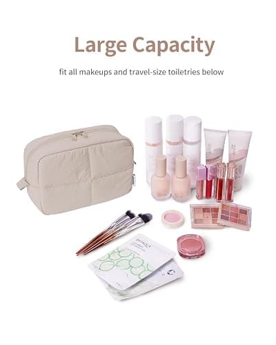 Narwey Puffy Makeup Bag for Travel Women Girl, Quilted Makeup Bag Cosmetic Bag, Cute Puffer Make Up Organizer Bags, Travel Toiletry Bag Toiletries (Khaki) thumbnail 3