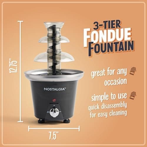 Nostalgia 3 Tier Electric Chocolate Fondue Fountain Machine for Parties - Melts Cheese, Queso, Candy, and Liqueur - Dip Strawberries, Apple Wedges, Vegetables, and More - 24-Ounce - Black, Small thumbnail 2