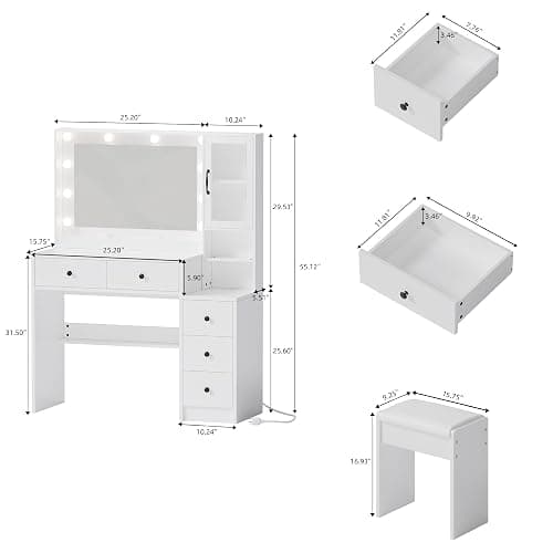 35.4” Makeup Vanity Desk with Charging Station, White Makeup Dressing Table with Mirror & Lights, 3 Lighting Modes Adjustable Brightness, Vanity Table with Power Outlet & 5 Drawers Round Handle thumbnail 2