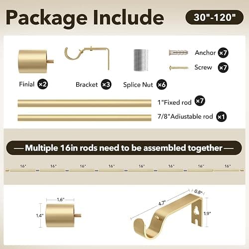 IFELS Heavy Duty Curtain Rods for Windows 66 to 120 Inch, 1 Inch Gold Curtain Rod Adjustable, Decorative Long Curtains Rods with Metal Finials, Easy Installation and Modern Design (A2,Gold,30"-120") thumbnail 4
