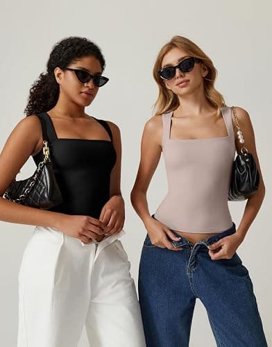 QINSEN Women's Square Neck Sleeveless Double-Layer Tank Tops Basic Tight T Shirts thumbnail 5