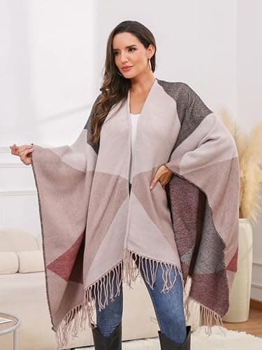 Moss Rose Women's Travel Plaid Shawl Wrap Open Front Poncho Cape for Fall Winter thumbnail 2