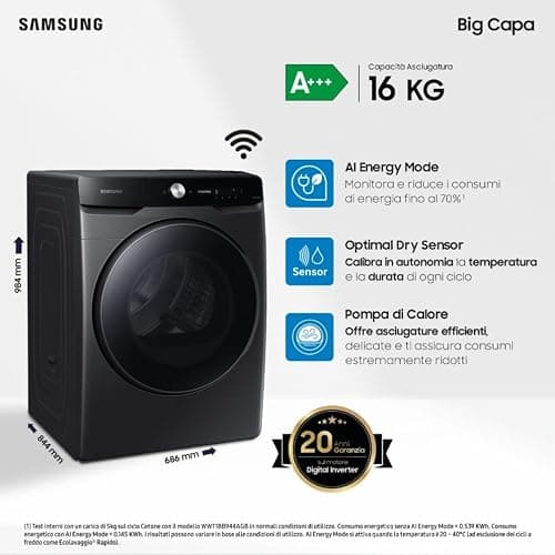 Samsung Asciugatrice DV16DG8600BVU3, 16 kg, Pompa di Calore, Wifi, AI Dry, Programma Igienizzante, Carica Frontale, 68,6L x 98,4H x 84,4P cm thumbnail 2