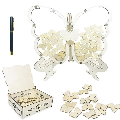 MeiWuKaBH Wooden Butterfly Guest Book Wedding Guest Book Alternative 80 Butterflies Comes with a Signature Pen Wedding Decorations for Reception Wedding Signs for Anniversary Ceremony - Image 1