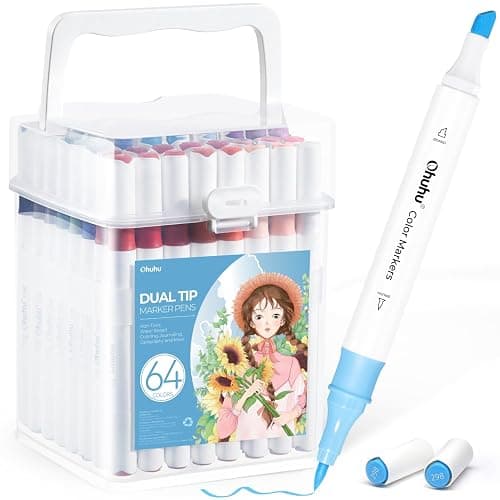 Ohuhu Marker Pens Water-Based, 64 Colours Dual Tip Art Markers Brush Pens for Adults Colouring Pens for Anime Manga Design, Calligraphy, Drawing, and Illustration, Odourless and Washable - 64 thumbnail 9