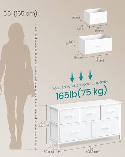 SONGMICS BELLAH Collection - Dresser for Bedroom, Chest of Drawers, Storage Organizer Unit, Closet, Entryway, Steel, 5 Drawers, Modern, Cloud White and Snow White ULGS322W01S thumbnail 2