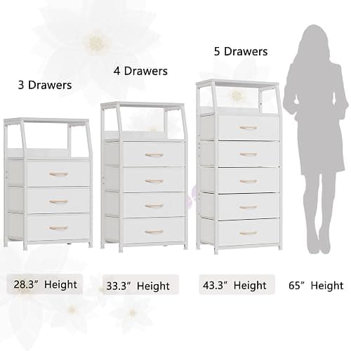 Furnulem White Nightstand with 3 Drawers and 2-Tier Shelf, Small Night Stand End Table Side Furniture, Fabric Storage Organizer for Bedroom, Closet, Hallway, Nursery, Sturdy Steel Frame, Wood Top - White - 3 Drawers thumbnail 7