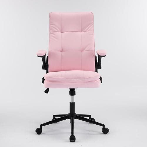 VINGLI Comfy Pink Leather Office Desk Chair,High-Back Ergonomic Computer Small Gaming Chair with/No Wheels,Adjustable Height,Flip-Up Arms,360° Swivel for Vanity,Home Office,Adults,Teen,Girls&Women thumbnail 9