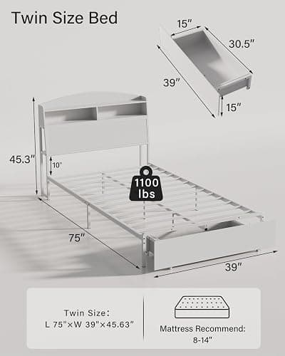 Wooden Twin Bed Frame with Smart Storage Headboard & Drawer, 3-in-1 USB Charging Station, No Box Spring Required, Non-Slip Design, Perfect for Kids, Teens, or Guest Room (No Door White, Twin) thumbnail 9