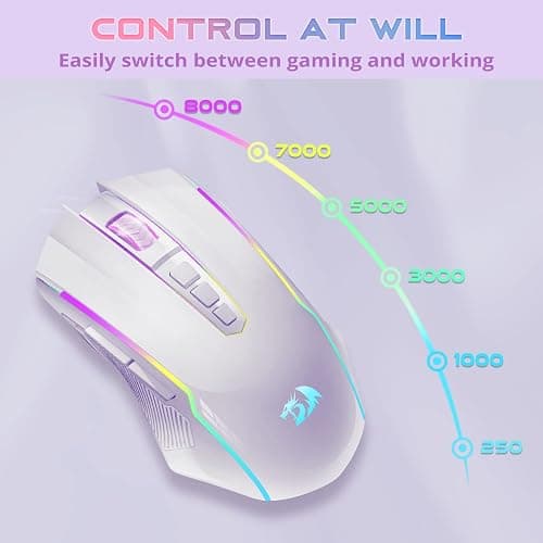 Redragon Gaming Mouse, Wireless Gaming Mouse with 9 Programmable Buttons, RGB Backlit, Rechargeable Wireless Mouse UP to 8000 DPI, Macro Edit, 70Hrs for Laptop, PC, Mac Gamer, White M910-WS thumbnail 4