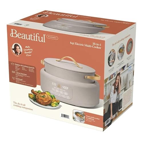 Beautiful 10-in-1 Electric Multi-Cooker by Drew Barrymore, 6-quart, digital display, 10 cooking functions, non-stick pot, easy one-touch control (Porcini Taupe) thumbnail 9
