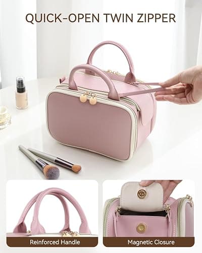 Prite Makeup Bag for Women, Large Capacity Waterproof Travel Cosmetic Organizer, Portable Open Flat Toiletry Bag with Free-Standing Brush Holder and Handle(Pink Medium) thumbnail 5