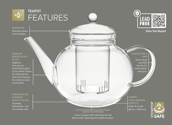 Teabloom Stovetop & Microwave Safe Glass Teapot with Removable Loose Tea Glass Infuser – Includes 2 Blooming Teas – 2-in-1 Tea Kettle and Tea Maker – Tea Purist's Choice thumbnail 4