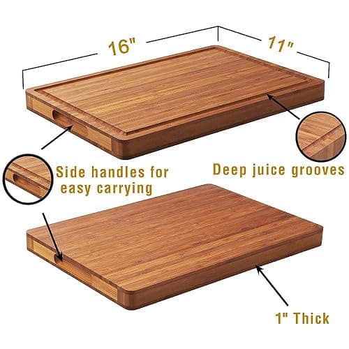 Bamboo Wood Cutting Board for Kitchen, 1" Thick Butcher Block, Cheese Charcuterie Board, with Side Handles and Juice Grooves, 16x11" thumbnail 3