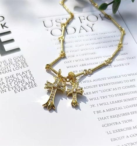 HUARJO Double Cross Vintage CZ Diamond Cross Long Pendant Necklace 18k Gold Plated Choker Necklace for Women,Trendy Jewelry Gifts for Women. - Y2k-18K Gold thumbnail 4