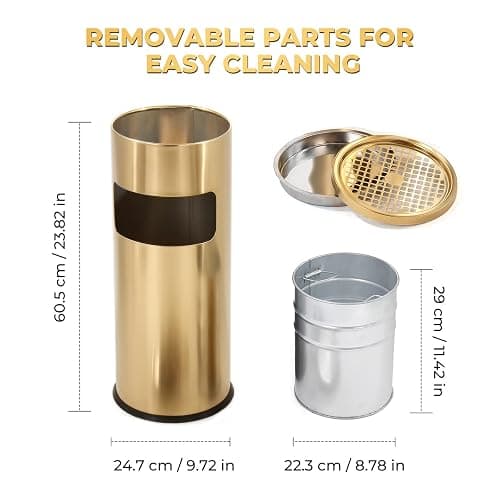 POWLAB Trash Can Outdoor Waste Container Round Stainless Steel Trash Can with Removable Inner Bucket for Disposal Commercial Waste Container 9.8 x 24-Gold Tone thumbnail 3