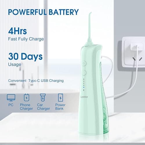 Leominor Water Flosser - 5 Modes Cordless Portable Oral Irrigator, IPX7 Waterproof, Rechargeable Teeth Cleaner Professional Flossing Cleaning Pick for Home Travel (Green) thumbnail 4