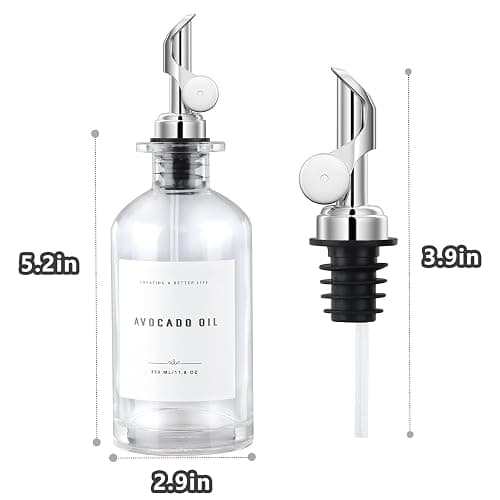 GIXSEGIE Olive Oil Dispenser Bottle Set with Bamboo Tray, Silver Classic Oil Dispenser, 2 x 350ML Glass Bottles, Weighted Metal Pourers, Kitchen Storage & Dispensing - 350ml, Set of 2 + Tray - Silver thumbnail 3