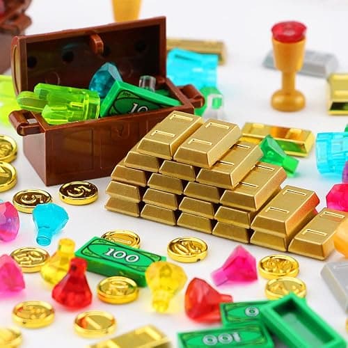 Feleph Treasure Accessories Money Building Blocks Set Jewel Chest, Gems Diamonds, Bullion Electroplated Gold Tile Silver Bar, Power Crystals, Coins, Goblet, 100 Dollar Bill Cash Toy Brick thumbnail 2