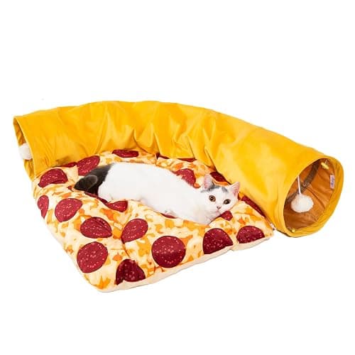 LUCKITTY Cat Tunnel Bed - Peek-a-Boo Pizza Shape Design for Cozy and Playful Animals - 9.8 -Inch Diameter Yellow - Image 1