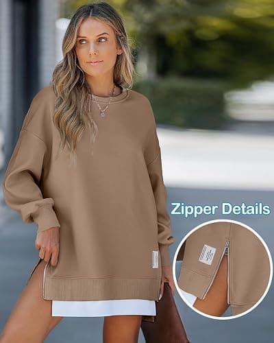 CHICME Womens Long Sleeve Zipper Slit Oversized Sweatshirt 2025 Casual Pullover Zipper Hoodies Fall Clothes thumbnail 2