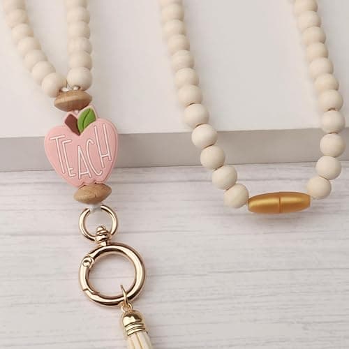 UGELOKI 2024 Teacher Lanyard With ID Holder, Fashion Wood Beaded for Key, Super Cute Boho Breakaway for Women thumbnail 3