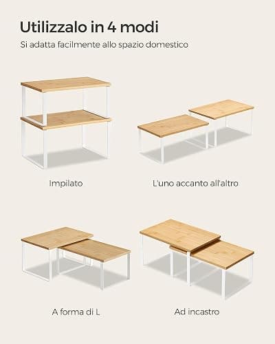 SONGMICS Scaffale Portaspezie, Set di 2 Organizzatori da Cucina Espandibili, Scaffale da Cucina Impilabile, Metallo e Legno Ingegnerizzato, Bianco Nuvola e Beige Naturale KCS02NW thumbnail 7
