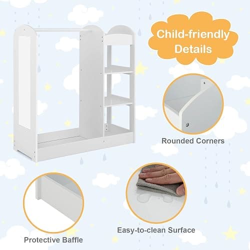 Costzon Kids Dress up Storage with Mirror, Clothes Rack, 3-Tier Shelves, Bottom Tray, Pretend Play Costume Dresser Organizer Center, Open Hanging Armoire Closet for Little Girls (White) thumbnail 7