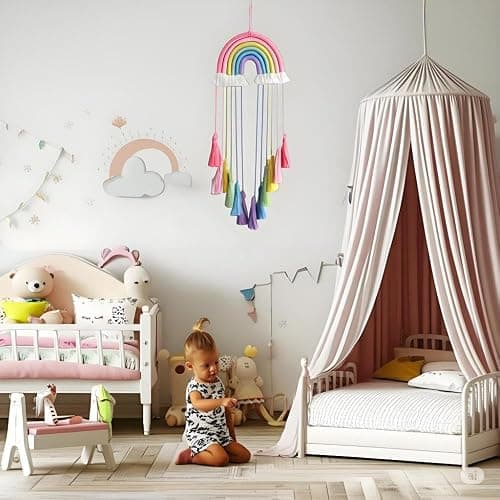 Honcas Rainbow Macrame Wall Hanging - Hand-Woven Cotton Tassel Tapestry Decor for Baby Room, Nursery, and Home Decor (Pink Rainbow) thumbnail 3