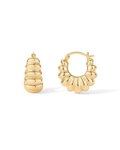 PAVOI 14K Gold Plated Ribbed Hoop Earrings for Women, Chunky Ridged Earring | Chunky Ridge Statement Earrings - Boho Puffy Croissant Huggie Hoops Trendy Gold Jewelry - Image 1